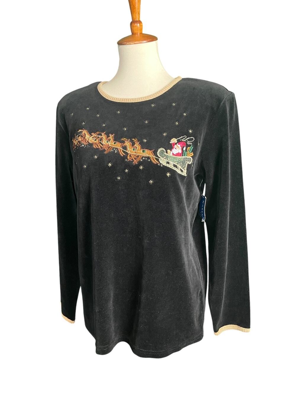 Karen Scott Vtg Christmas Top Womens Medium Black Velour Santa Reindeer NWT